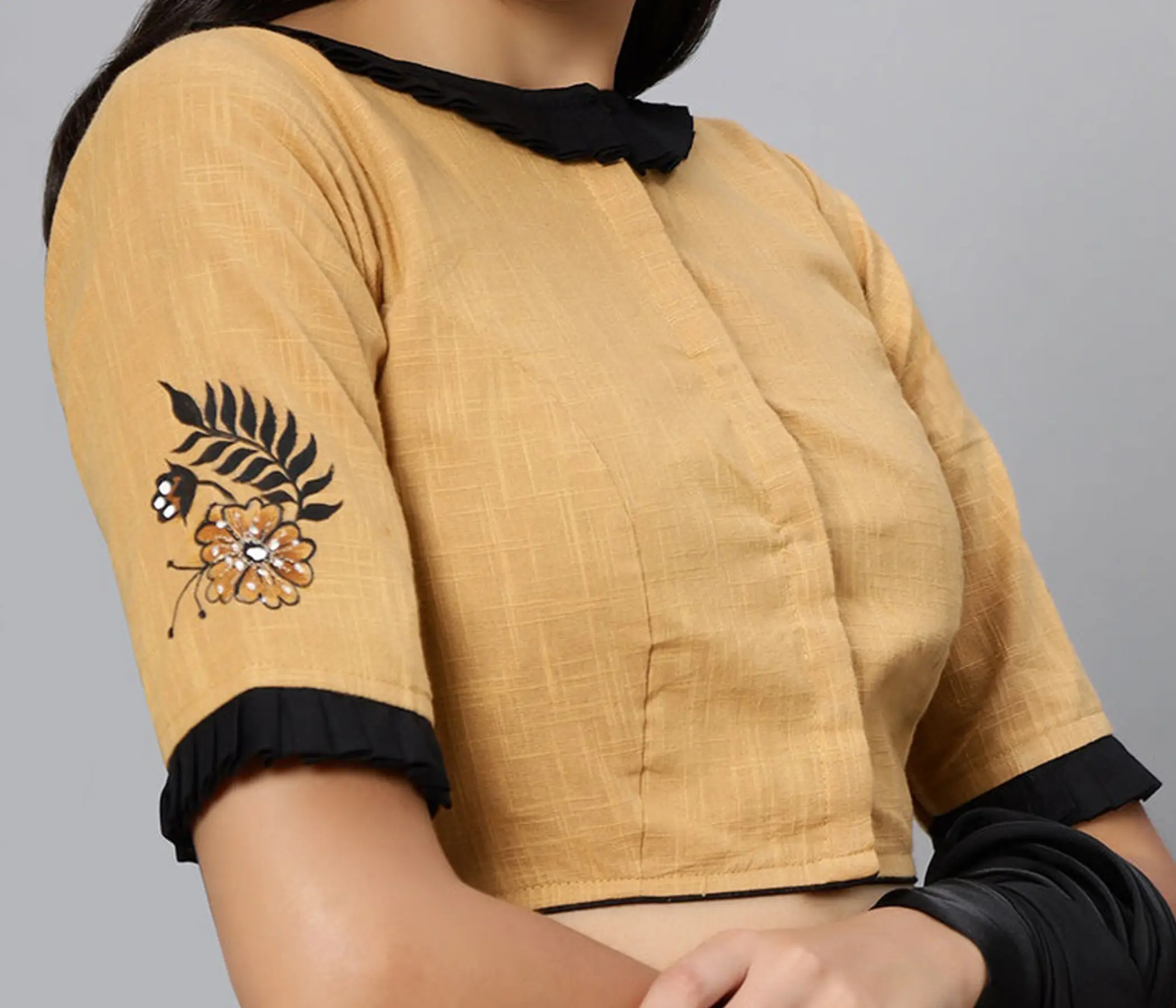 Hand-Painted Beige Cotton Blouse - Fancy Saree Blouse Designs